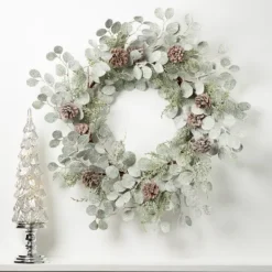 Wreaths-Kirkland's Home Snow Dusted Eucalyptus And Pinecone Wreath Green/Brown/White