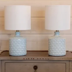 Table Lamps-Kirkland's Home Soft Blue Embossed Ceramic Table Lamps, Set Of 2 White