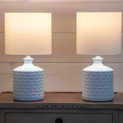 Table Lamps-Kirkland's Home Soft Blue Embossed Ceramic Table Lamps, Set Of 2 White