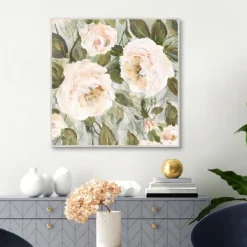 Framed Art-Kirkland's Home Soft California Roses Framed Canvas Art White/Green/Pink