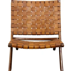 Accent Chairs-Kirkland's Home Solid Teak And Genuine Leather Lounge Chair Brown