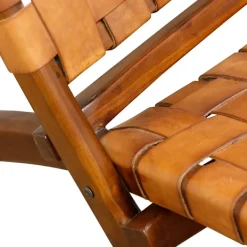 Accent Chairs-Kirkland's Home Solid Teak And Genuine Leather Lounge Chair Brown