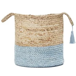 Baskets & Boxes-Kirkland's Home Spa Blue And Tan Woven Basket With Tassel, 19 In. Blue/Tan