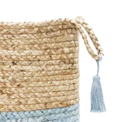Baskets & Boxes-Kirkland's Home Spa Blue And Tan Woven Basket With Tassel, 19 In. Blue/Tan