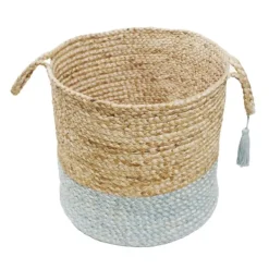 Baskets & Boxes-Kirkland's Home Spa Blue And Tan Woven Basket With Tassel, 19 In. Blue/Tan