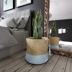 Baskets & Boxes-Kirkland's Home Spa Blue And Tan Woven Basket With Tassel, 19 In. Blue/Tan
