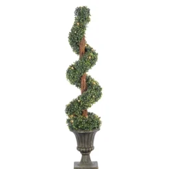 Trees & Topiaries-Kirkland's Home Spiral Pre-Lit Boxwood Potted Topiary Green/Brown