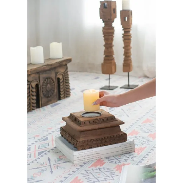 Candle Holders-Kirkland's Home Square Carved Wood Pillar Candle Holder Brown