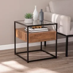 Accent & End Tables-Kirkland's Home Square Metal And Wood Glass Top Accent Table Brown