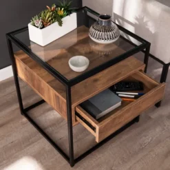 Accent & End Tables-Kirkland's Home Square Metal And Wood Glass Top Accent Table Brown