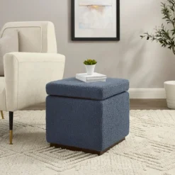 Benches & Ottomans-Kirkland's Home Square Sherpa Upholstered Storage Ottoman Blue