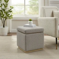 Benches & Ottomans-Kirkland's Home Square Sherpa Upholstered Storage Ottoman Gray