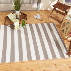 Outdoor Rugs-Kirkland's Home Stone And White Rugby Stripe Outdoor Area Rug, 4X6 Gray/White
