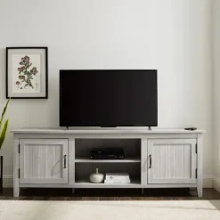 Tv Stands & Media Consoles-Kirkland's Home Stone Grooved Door Modern Farmhouse Tv Stand Gray