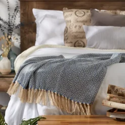 Blankets & Throws-Kirkland's Home Stone Wash Diamond Fringe Throw Blue