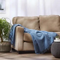 Blankets & Throws-Kirkland's Home Stonewash Ribbed Fringe Throw Blue