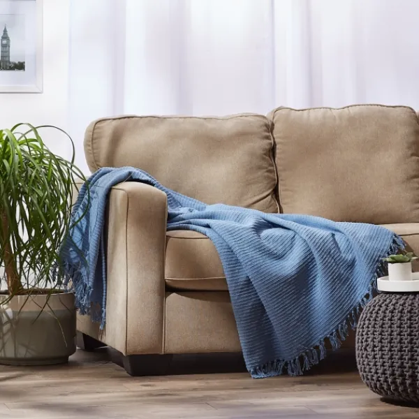 Blankets & Throws-Kirkland's Home Stonewash Ribbed Fringe Throw Blue