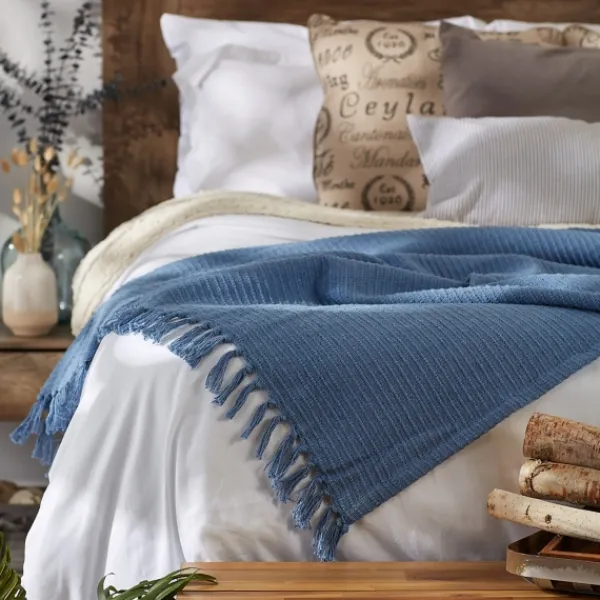 Blankets & Throws-Kirkland's Home Stonewash Ribbed Fringe Throw Blue