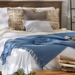 Blankets & Throws-Kirkland's Home Stonewash Ribbed Fringe Throw Blue