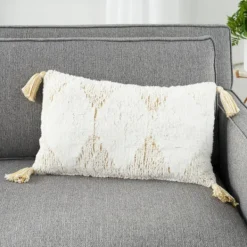 Pillows-Kirkland's Home Stripe Diamond Tassels Cotton Lumbar Pillow Yellow