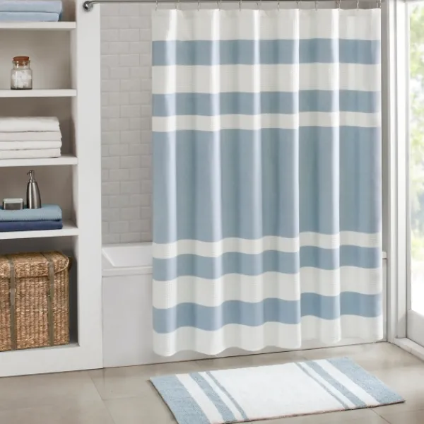 Shower Curtains-Kirkland's Home Stripe Waffle Weave Shower Curtain Blue