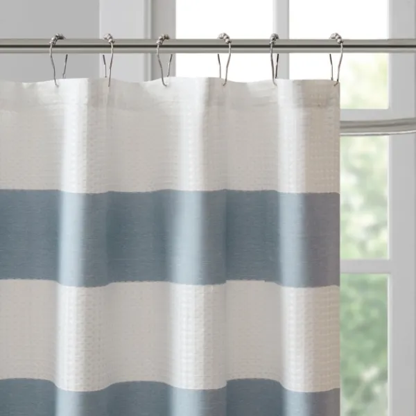 Shower Curtains-Kirkland's Home Stripe Waffle Weave Shower Curtain Blue