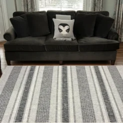 Outdoor Rugs-Kirkland's Home Stripe Weave Sun Shower Outdoor Area Rug, 5X8 Black/Ivory