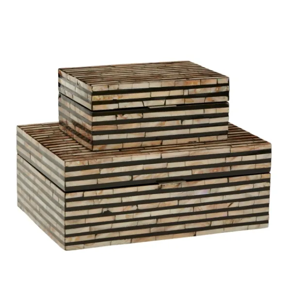 Baskets & Boxes-Kirkland's Home Striped Mother Of Pearl Shell Wood Boxes, Set Of 2 Tan/Gray