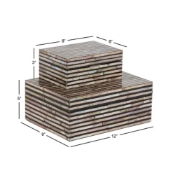 Baskets & Boxes-Kirkland's Home Striped Mother Of Pearl Shell Wood Boxes, Set Of 2 Tan/Gray