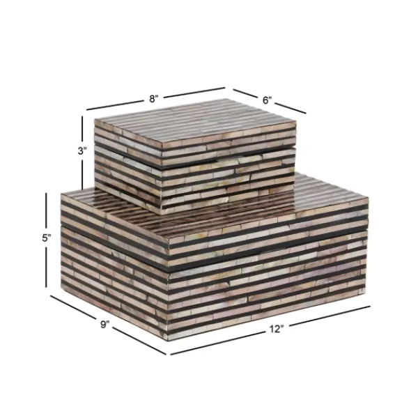 Baskets & Boxes-Kirkland's Home Striped Mother Of Pearl Shell Wood Boxes, Set Of 2 Tan/Gray