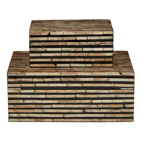 Baskets & Boxes-Kirkland's Home Striped Mother Of Pearl Shell Wood Boxes, Set Of 2 Tan/Gray