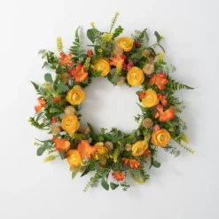 Wreaths-Kirkland's Home Summer Blooming Ranunculus Thistle Wreath Green/Yellow/Orange