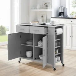 Kitchen Islands & Bar Carts-Kirkland's Home Susanne Stainless Top And Gray Wood Kitchen Island