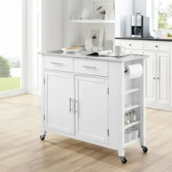 Kitchen Islands & Bar Carts-Kirkland's Home Susanne White And Stainless Steel Kitchen Island