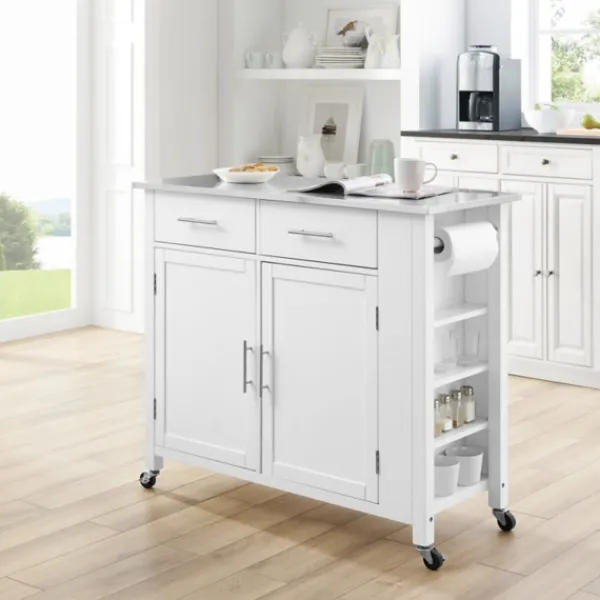 Kitchen Islands & Bar Carts-Kirkland's Home Susanne White And Stainless Steel Kitchen Island