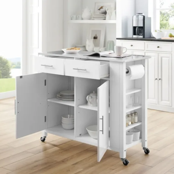 Kitchen Islands & Bar Carts-Kirkland's Home Susanne White And Stainless Steel Kitchen Island
