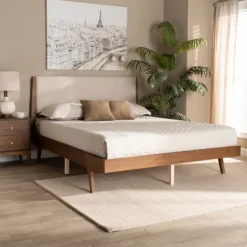 Beds & Headboards-Kirkland's Home Tan Upholstered Brown Wood Full Platform Bed