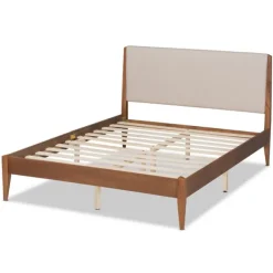 Beds & Headboards-Kirkland's Home Tan Upholstered Brown Wood King Platform Bed Brown/Tan
