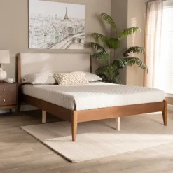 Beds & Headboards-Kirkland's Home Tan Upholstered Brown Wood King Platform Bed Brown/Tan