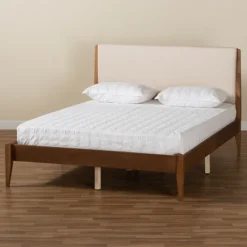 Beds & Headboards-Kirkland's Home Tan Upholstered Brown Wood King Platform Bed Brown/Tan