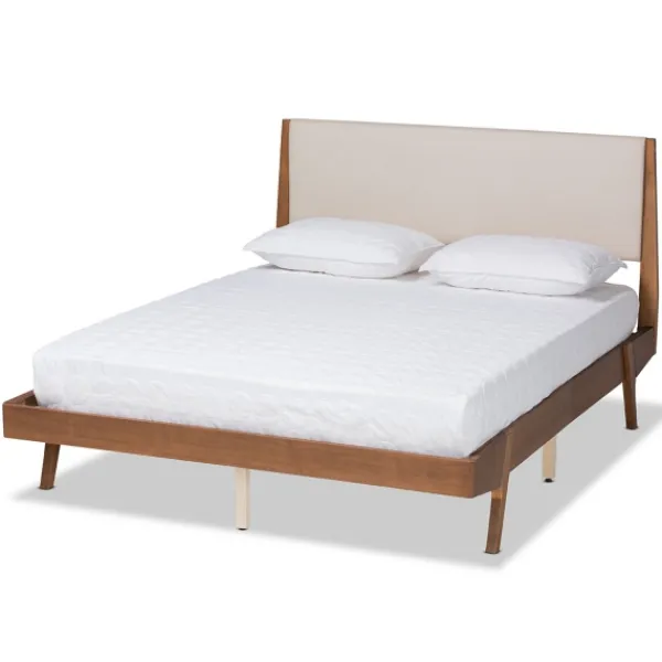 Beds & Headboards-Kirkland's Home Tan Upholstered Brown Wood Queen Platform Bed