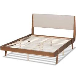 Beds & Headboards-Kirkland's Home Tan Upholstered Brown Wood Queen Platform Bed