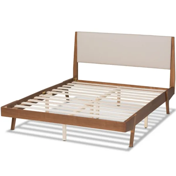 Beds & Headboards-Kirkland's Home Tan Upholstered Brown Wood Queen Platform Bed