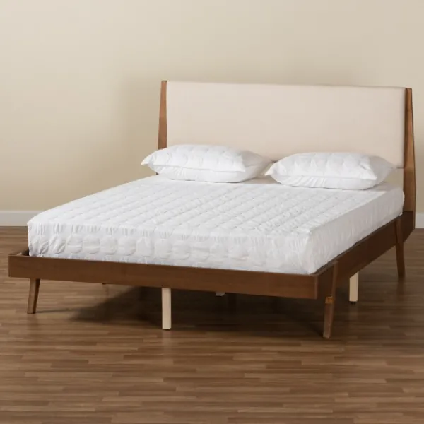 Beds & Headboards-Kirkland's Home Tan Upholstered Brown Wood Queen Platform Bed