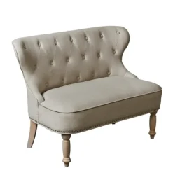 Sofas & Loveseats-Kirkland's Home Taupe Button Tufted Nailhead Trim Settee Tan