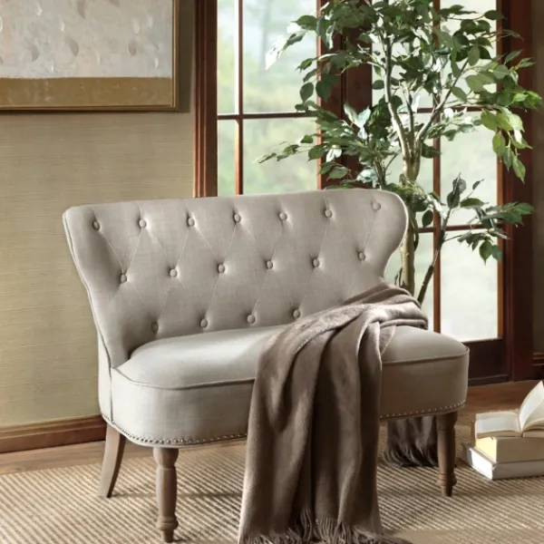 Sofas & Loveseats-Kirkland's Home Taupe Button Tufted Nailhead Trim Settee Tan