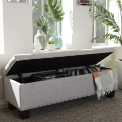 Entryway Furniture-Kirkland's Home Taupe Button-Tufted Upholstered Storage Bench Tan