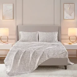 Bed Sheets-Kirkland's Home Taupe Leopard Print Satin 4-Pc. King Sheet Set White/Tan