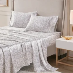 Bed Sheets-Kirkland's Home Taupe Leopard Print Satin 4-Pc. King Sheet Set White/Tan