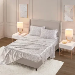 Bed Sheets-Kirkland's Home Taupe Leopard Print Satin 4-Pc. Full Sheet Set White/Tan